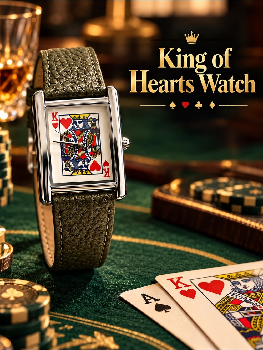 King of Hearts Tank Style Watch Playing Card Olive Green Strap